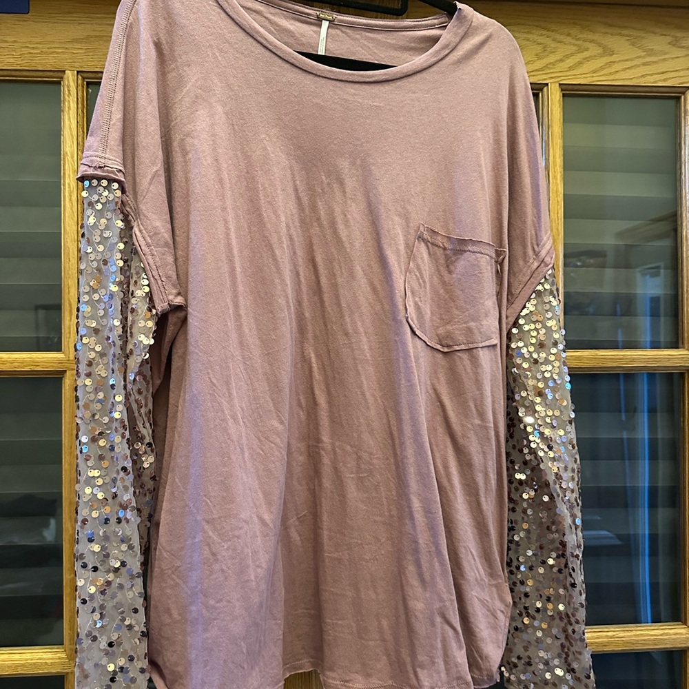 Free People Long Sleeve Pink Tee with sequin sleeves L